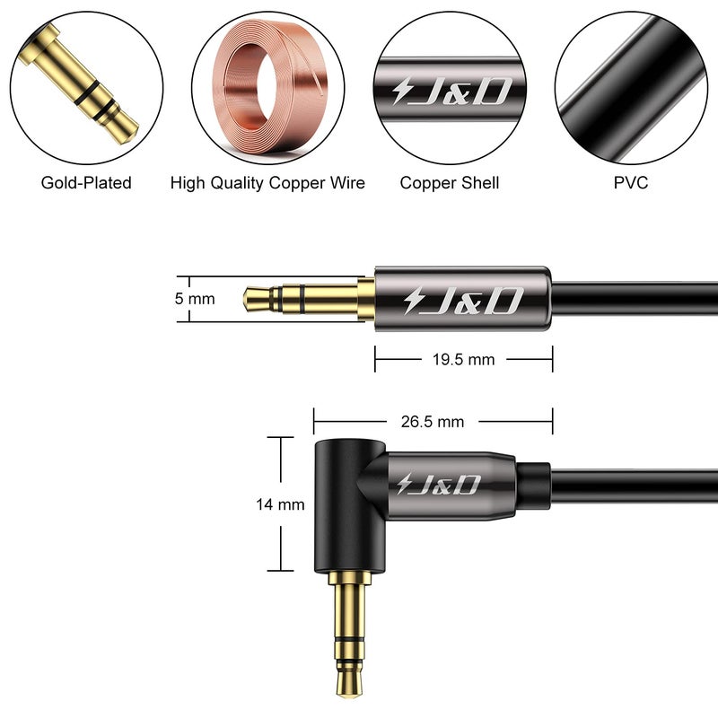 J&D (2 Pack Gold Plated 3.5mm Stereo Audio Aux Jack to Jack Cable 90 Degree Right Angle Compatible for iPhone, Galaxy, Speakers or All Other Devices, 3 Feet - Image 2